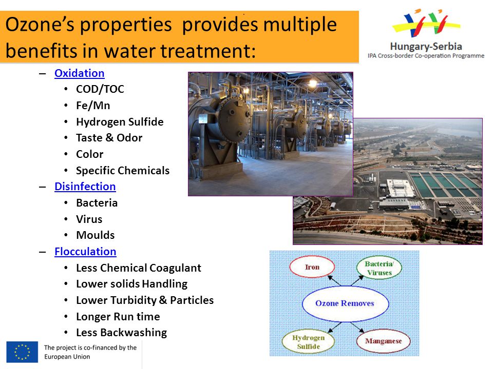 Ozone’s properties provides multiple benefits in water treatment:..