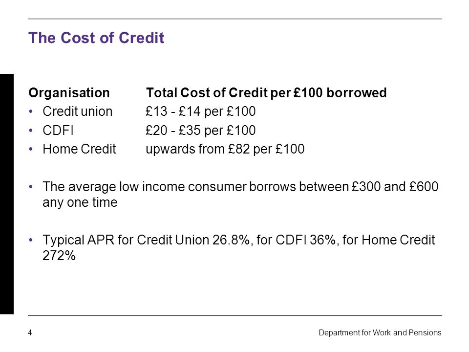 4 Department for Work and Pensions The Cost of Credit OrganisationTotal Cost of Credit per £100 borrowed Credit union£13 - £14 per £100 CDFI£20 - £35 per £100 Home Creditupwards from £82 per £100 The average low income consumer borrows between £300 and £600 any one time Typical APR for Credit Union 26.8%, for CDFI 36%, for Home Credit 272%
