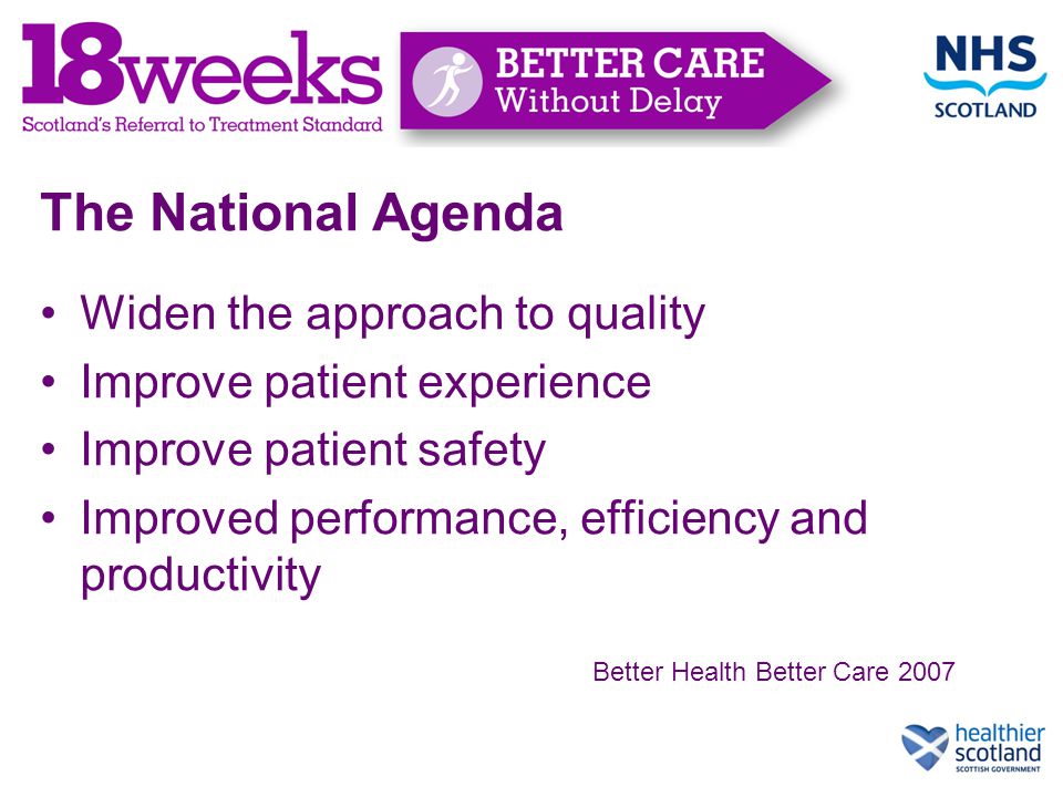 Widen the approach to quality Improve patient experience Improve patient safety Improved performance, efficiency and productivity The National Agenda Better Health Better Care 2007