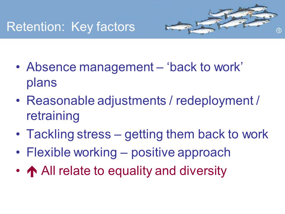 Retention: Key factors Absence management – ‘back to work’ plans Reasonable adjustments / redeployment / retraining Tackling stress – getting them back to work Flexible working – positive approach  All relate to equality and diversity