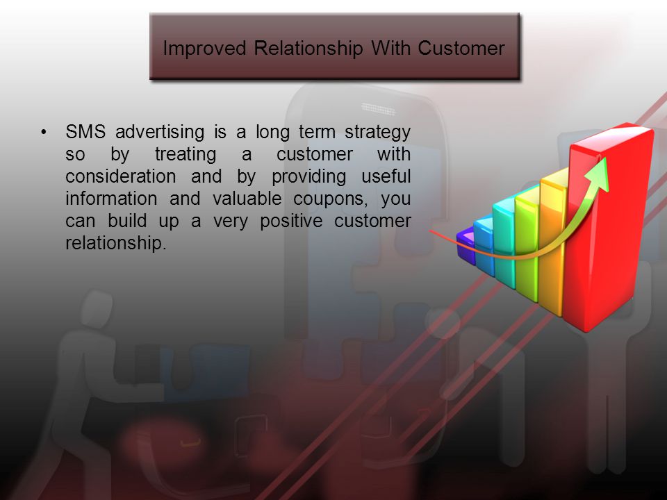 Improved Relationship With Customer SMS advertising is a long term strategy so by treating a customer with consideration and by providing useful information and valuable coupons, you can build up a very positive customer relationship.
