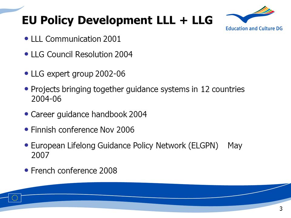 3 LLL Communication 2001 LLG Council Resolution 2004 LLG expert group Projects bringing together guidance systems in 12 countries,,,, Career guidance handbook 2004 Finnish conference Nov 2006 European Lifelong Guidance Policy Network (ELGPN) May,,,2007 French conference 2008 EU Policy Development LLL + LLG