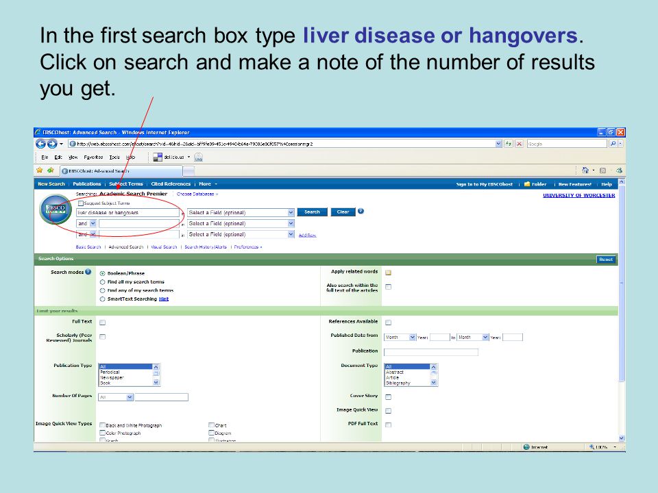 In the first search box type liver disease or hangovers.