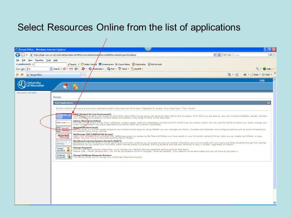 Select Resources Online from the list of applications
