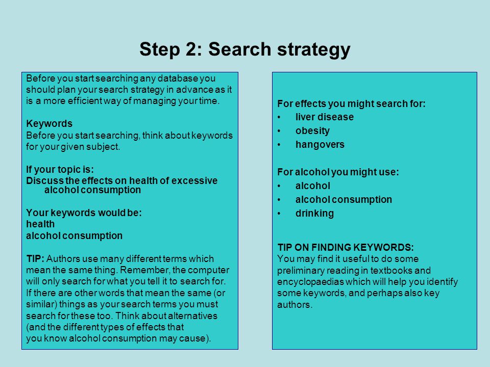 Step 2: Search strategy Before you start searching any database you should plan your search strategy in advance as it is a more efficient way of managing your time.
