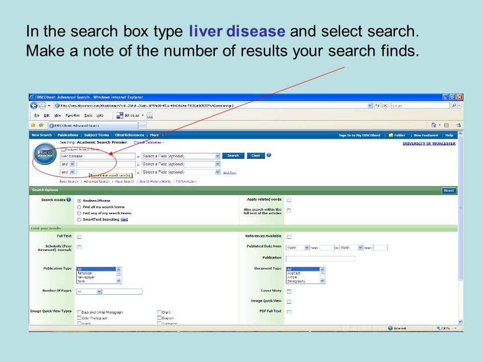 In the search box type liver disease and select search.