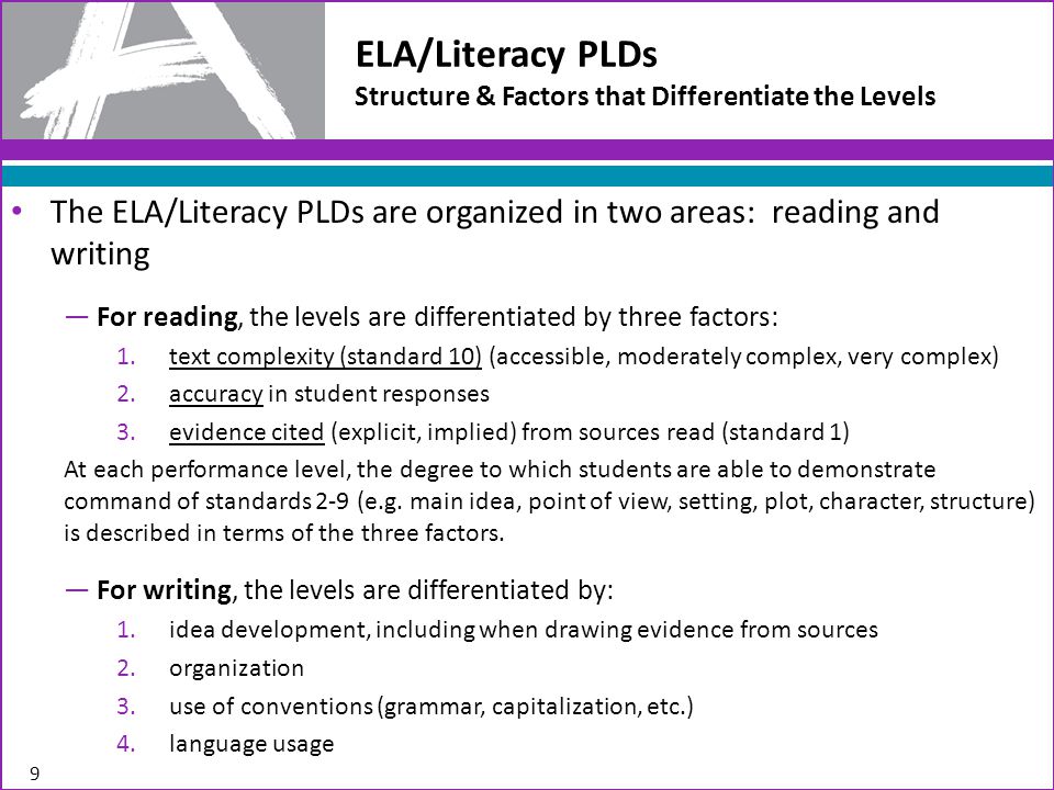 The ELA/Literacy PLDs are organized in two areas: reading and writing —For reading, the levels are differentiated by three factors: 1.text complexity (standard 10) (accessible, moderately complex, very complex) 2.accuracy in student responses 3.evidence cited (explicit, implied) from sources read (standard 1) At each performance level, the degree to which students are able to demonstrate command of standards 2-9 (e.g.