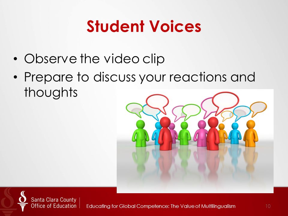 Student Voices Observe the video clip Prepare to discuss your reactions and thoughts 10Educating for Global Competence: The Value of Multilingualism