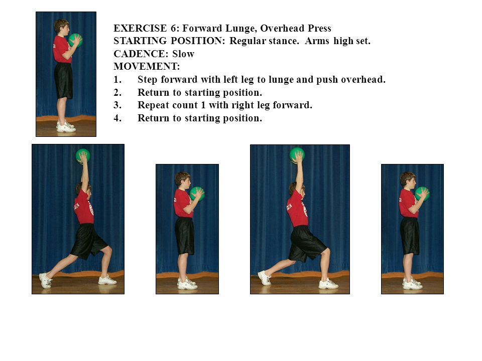 EXERCISE 6: Forward Lunge, Overhead Press STARTING POSITION: Regular stance.