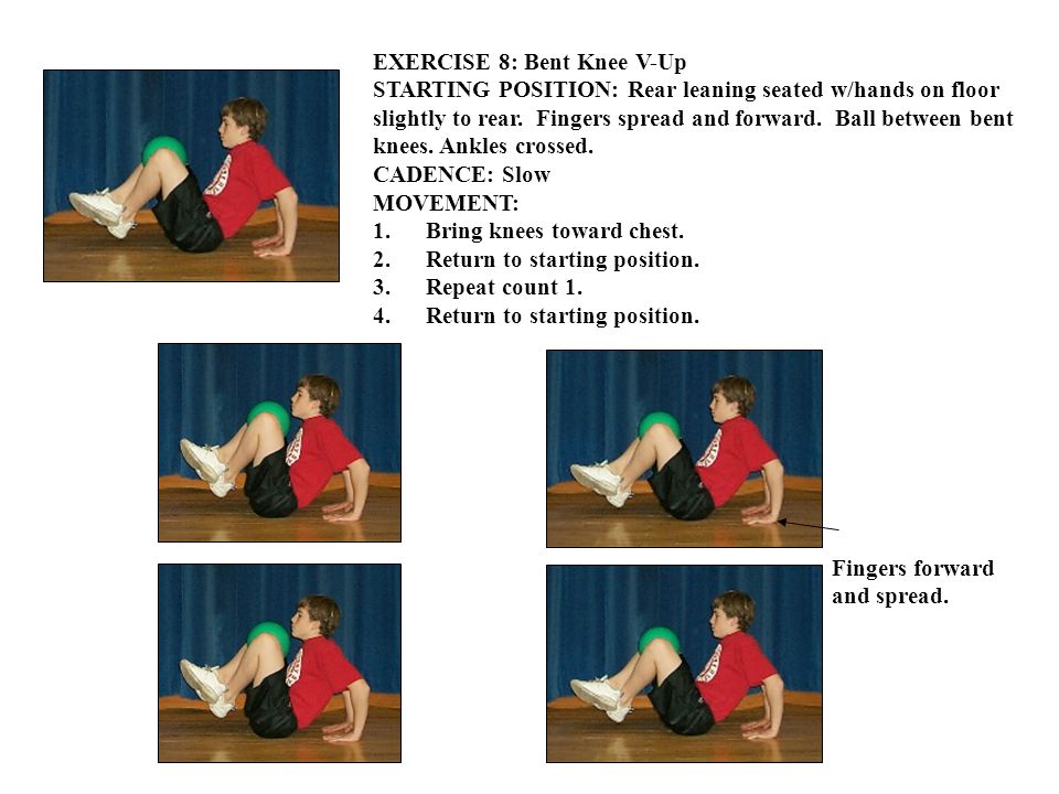 EXERCISE 8: Bent Knee V-Up STARTING POSITION: Rear leaning seated w/hands on floor slightly to rear.