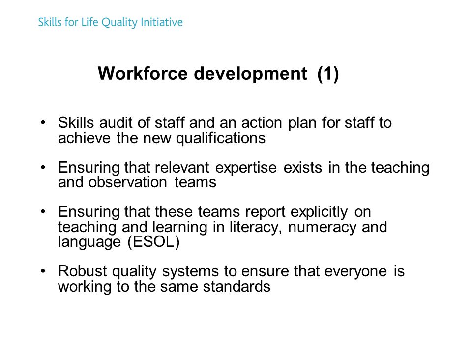 Workforce development (1) Skills audit of staff and an action plan for staff to achieve the new qualifications Ensuring that relevant expertise exists in the teaching and observation teams Ensuring that these teams report explicitly on teaching and learning in literacy, numeracy and language (ESOL) Robust quality systems to ensure that everyone is working to the same standards