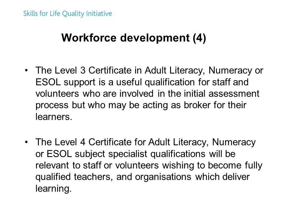 Workforce development (4) The Level 3 Certificate in Adult Literacy, Numeracy or ESOL support is a useful qualification for staff and volunteers who are involved in the initial assessment process but who may be acting as broker for their learners.