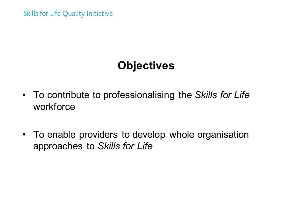 Objectives To contribute to professionalising the Skills for Life workforce To enable providers to develop whole organisation approaches to Skills for Life