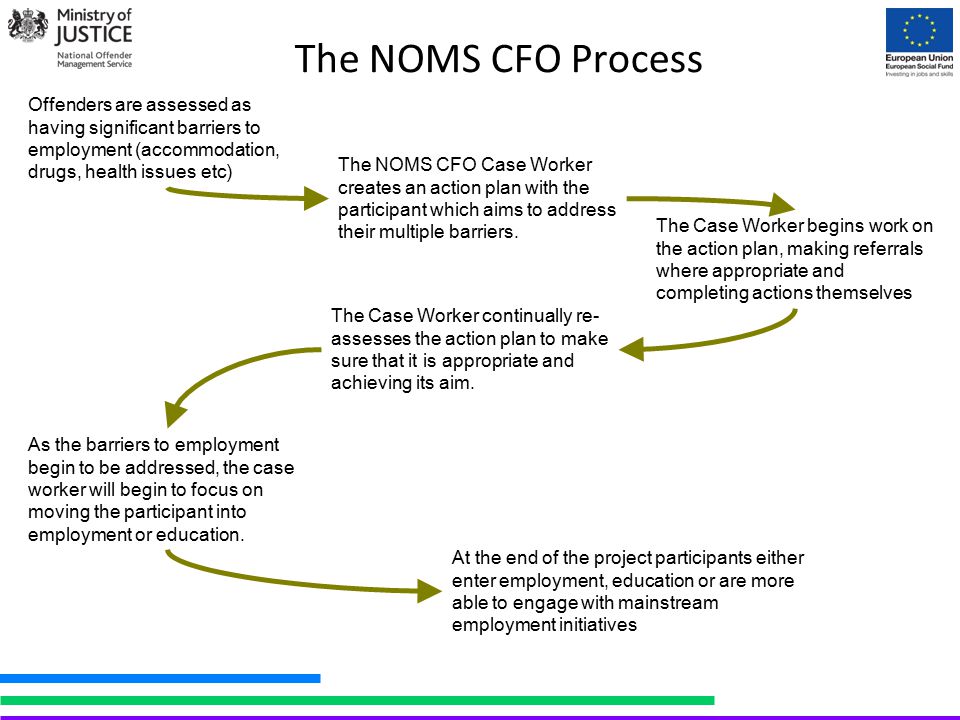 The NOMS CFO Process Offenders are assessed as having significant barriers to employment (accommodation, drugs, health issues etc) The NOMS CFO Case Worker creates an action plan with the participant which aims to address their multiple barriers.