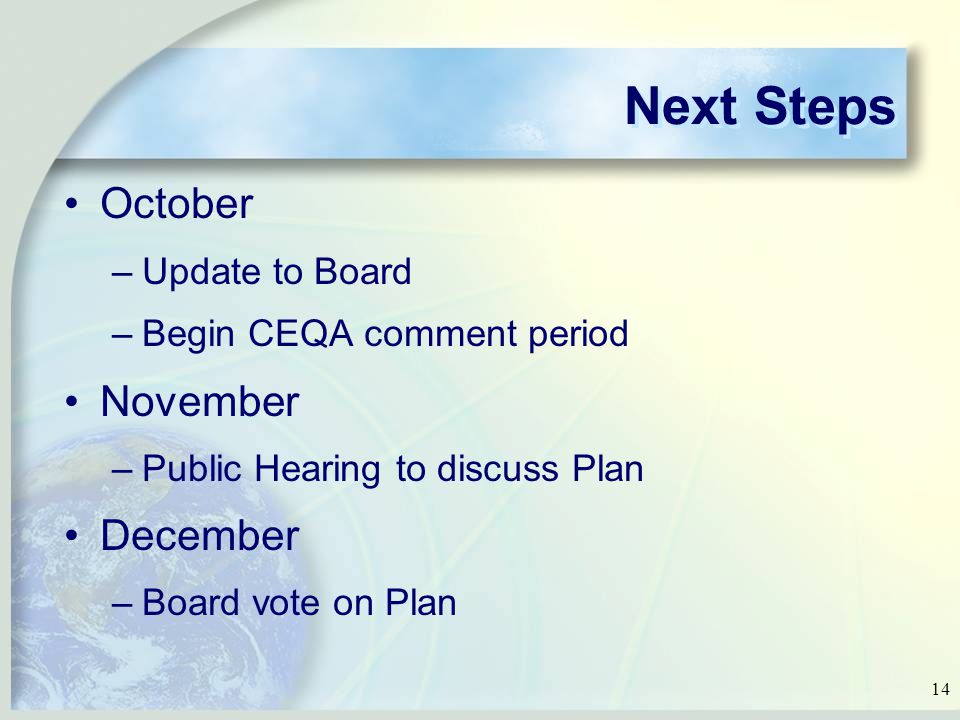 14 Next Steps October –Update to Board –Begin CEQA comment period November –Public Hearing to discuss Plan December –Board vote on Plan