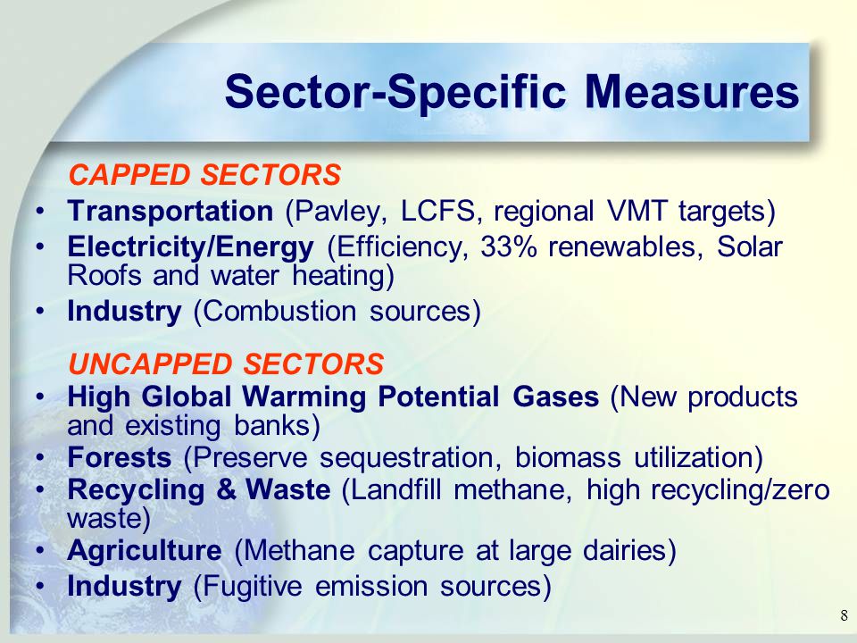 8 Sector-Specific Measures CAPPED SECTORS Transportation (Pavley, LCFS, regional VMT targets) Electricity/Energy (Efficiency, 33% renewables, Solar Roofs and water heating) Industry (Combustion sources) UNCAPPED SECTORS High Global Warming Potential Gases (New products and existing banks) Forests (Preserve sequestration, biomass utilization) Recycling & Waste (Landfill methane, high recycling/zero waste) Agriculture (Methane capture at large dairies) Industry (Fugitive emission sources)