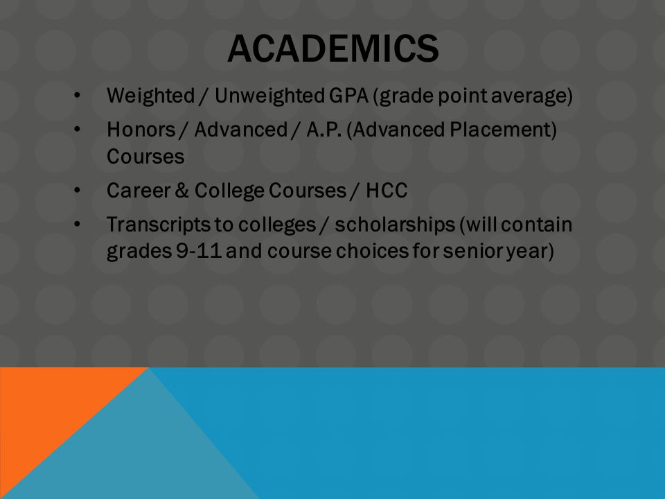 ACADEMICS Weighted / Unweighted GPA (grade point average) Honors / Advanced / A.P.