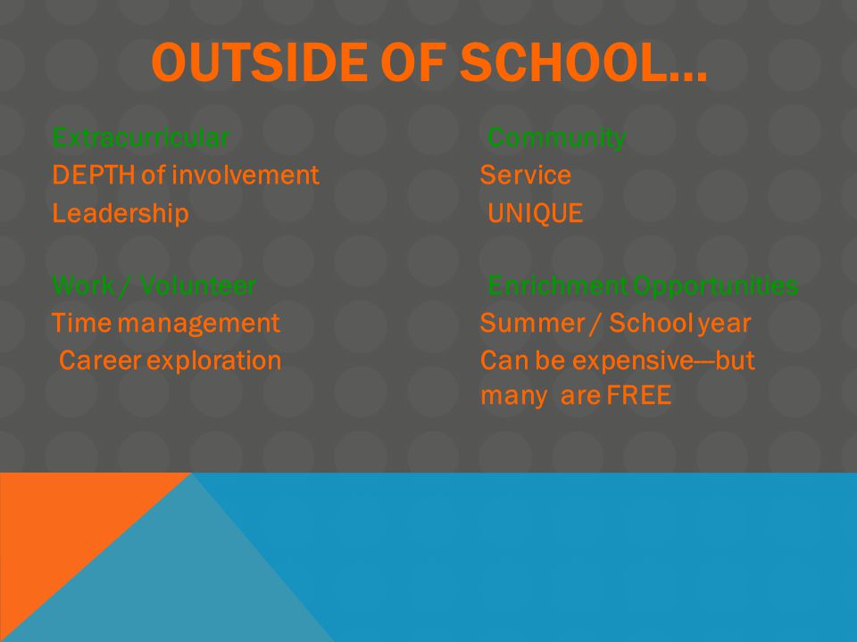 OUTSIDE OF SCHOOL… Extracurricular Community DEPTH of involvementService Leadership UNIQUE Work / Volunteer Enrichment Opportunities Time managementSummer / School year Career explorationCan be expensive---but many are FREE