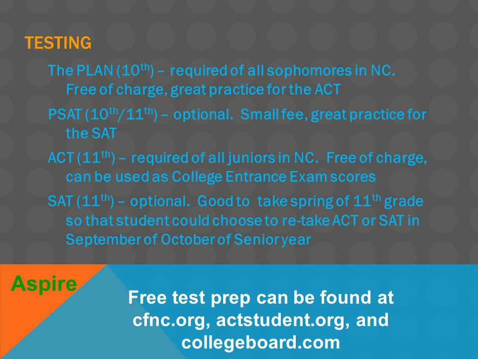 TESTING The PLAN (10 th ) – required of all sophomores in NC.