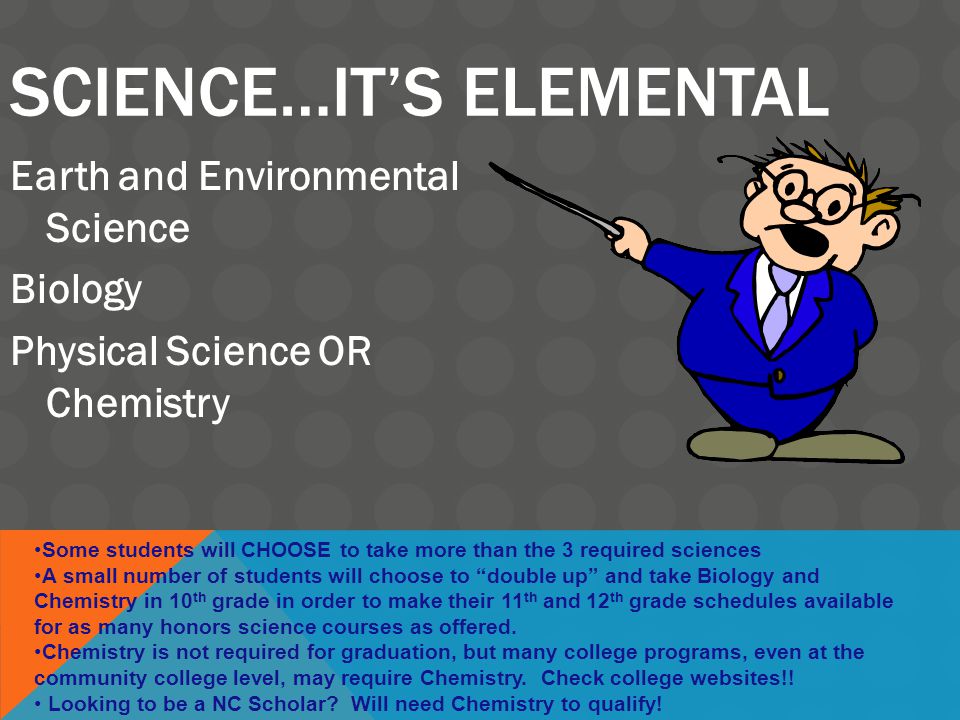 SCIENCE…IT’S ELEMENTAL Earth and Environmental Science Biology Physical Science OR Chemistry Some students will CHOOSE to take more than the 3 required sciences A small number of students will choose to double up and take Biology and Chemistry in 10 th grade in order to make their 11 th and 12 th grade schedules available for as many honors science courses as offered.