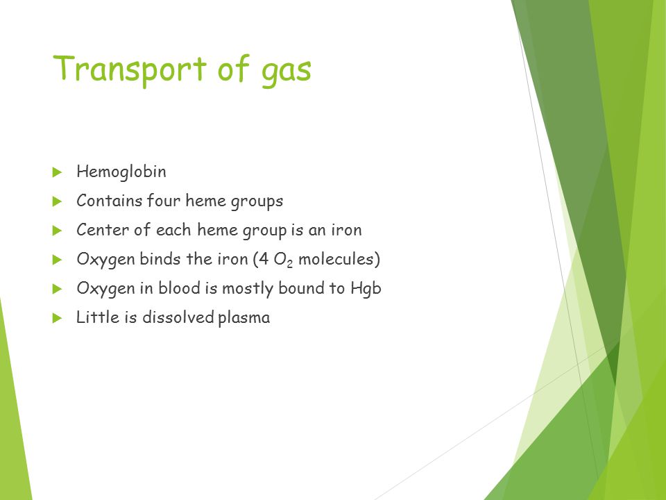 Transport of gas  Hemoglobin  Contains four heme groups  Center of each heme group is an iron  Oxygen binds the iron (4 O 2 molecules)  Oxygen in blood is mostly bound to Hgb  Little is dissolved plasma