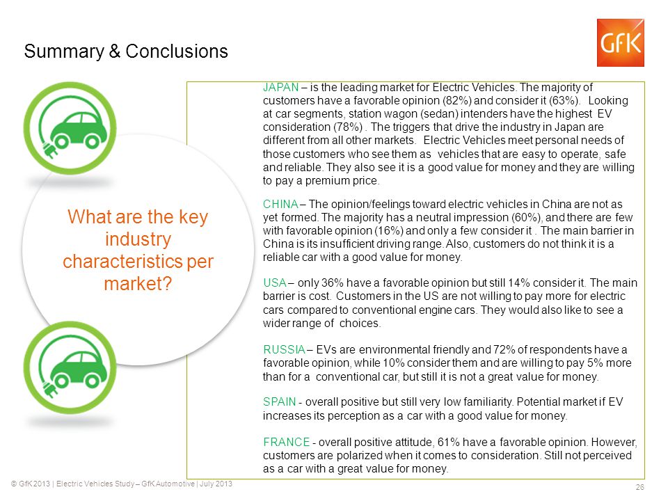 © GfK 2013 | Electric Vehicles Study – GfK Automotive | July Summary & Conclusions What are the key industry characteristics per market.