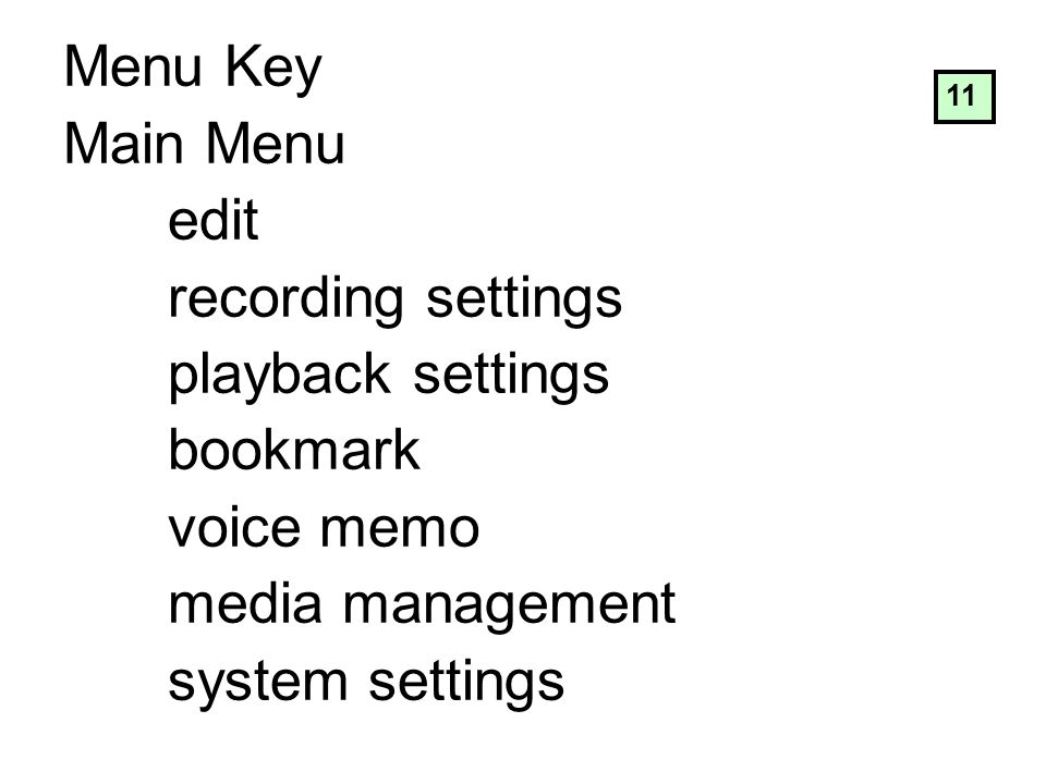 Menu Key Main Menu edit recording settings playback settings bookmark voice memo media management system settings 11