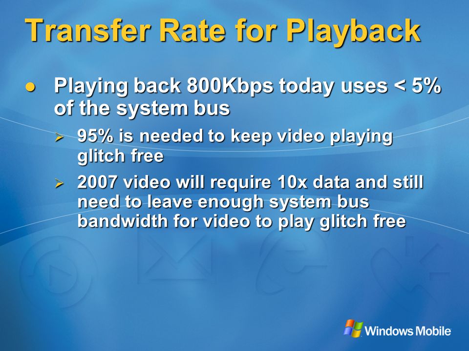 Transfer Rate for Playback Playing back 800Kbps today uses < 5% of the system bus Playing back 800Kbps today uses < 5% of the system bus  95% is needed to keep video playing glitch free  2007 video will require 10x data and still need to leave enough system bus bandwidth for video to play glitch free