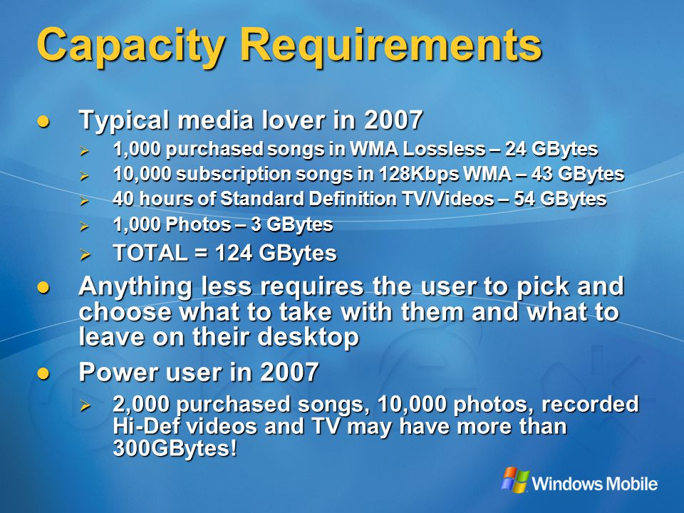 Capacity Requirements Typical media lover in 2007 Typical media lover in 2007  1,000 purchased songs in WMA Lossless – 24 GBytes  10,000 subscription songs in 128Kbps WMA – 43 GBytes  40 hours of Standard Definition TV/Videos – 54 GBytes  1,000 Photos – 3 GBytes  TOTAL = 124 GBytes Anything less requires the user to pick and choose what to take with them and what to leave on their desktop Anything less requires the user to pick and choose what to take with them and what to leave on their desktop Power user in 2007 Power user in 2007  2,000 purchased songs, 10,000 photos, recorded Hi-Def videos and TV may have more than 300GBytes!