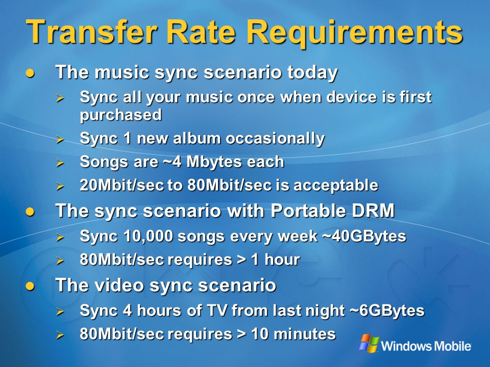 Transfer Rate Requirements The music sync scenario today The music sync scenario today  Sync all your music once when device is first purchased  Sync 1 new album occasionally  Songs are ~4 Mbytes each  20Mbit/sec to 80Mbit/sec is acceptable The sync scenario with Portable DRM The sync scenario with Portable DRM  Sync 10,000 songs every week ~40GBytes  80Mbit/sec requires > 1 hour The video sync scenario The video sync scenario  Sync 4 hours of TV from last night ~6GBytes  80Mbit/sec requires > 10 minutes