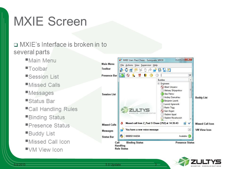 MXIE Screen  MXIE’s Interface is broken in to several parts  Main Menu  Toolbar  Session List  Missed Calls  Messages  Status Bar  Call Handling Rules  Binding Status  Presence Status  Buddy List  Missed Call Icon  VM View Icon 5/4/ Update3