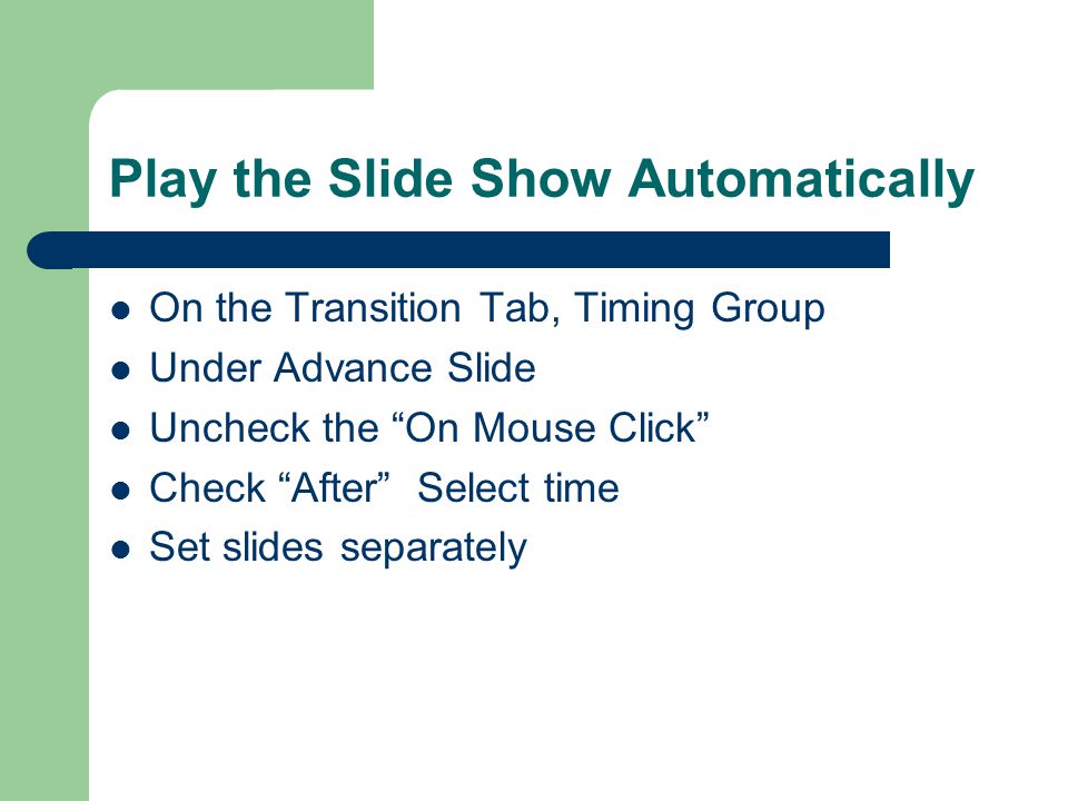 Transitions Timing On the Transitions Tab, Timing Group Duration: This allows you to set the speed of the transition.