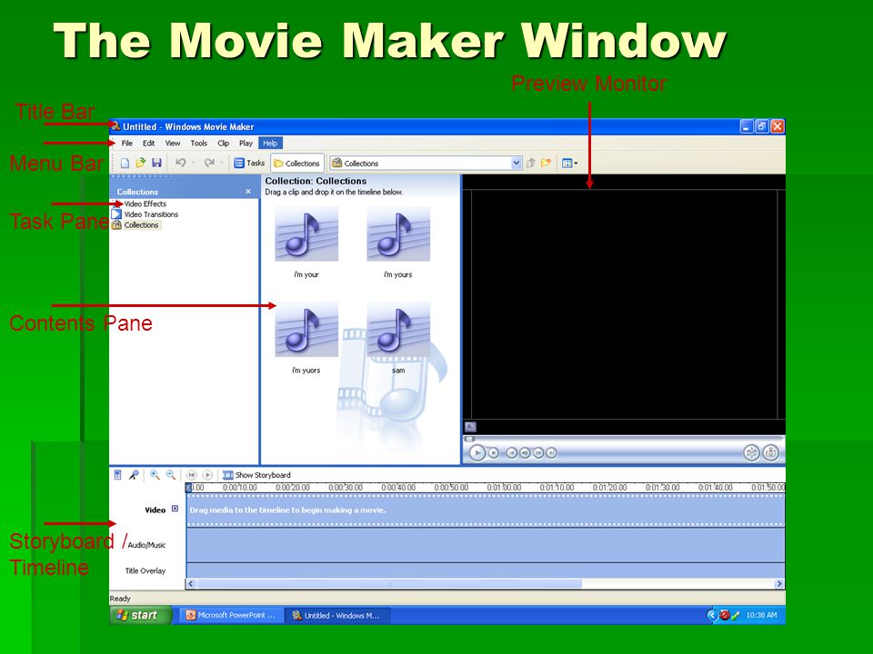 The Movie Maker Window Title Bar Menu Bar Task Pane Contents Pane Preview Monitor Storyboard / Timeline