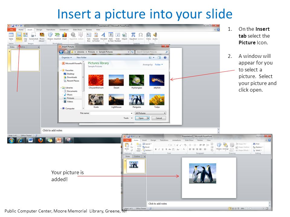 Insert a picture into your slide 1.On the Insert tab select the Picture Icon.