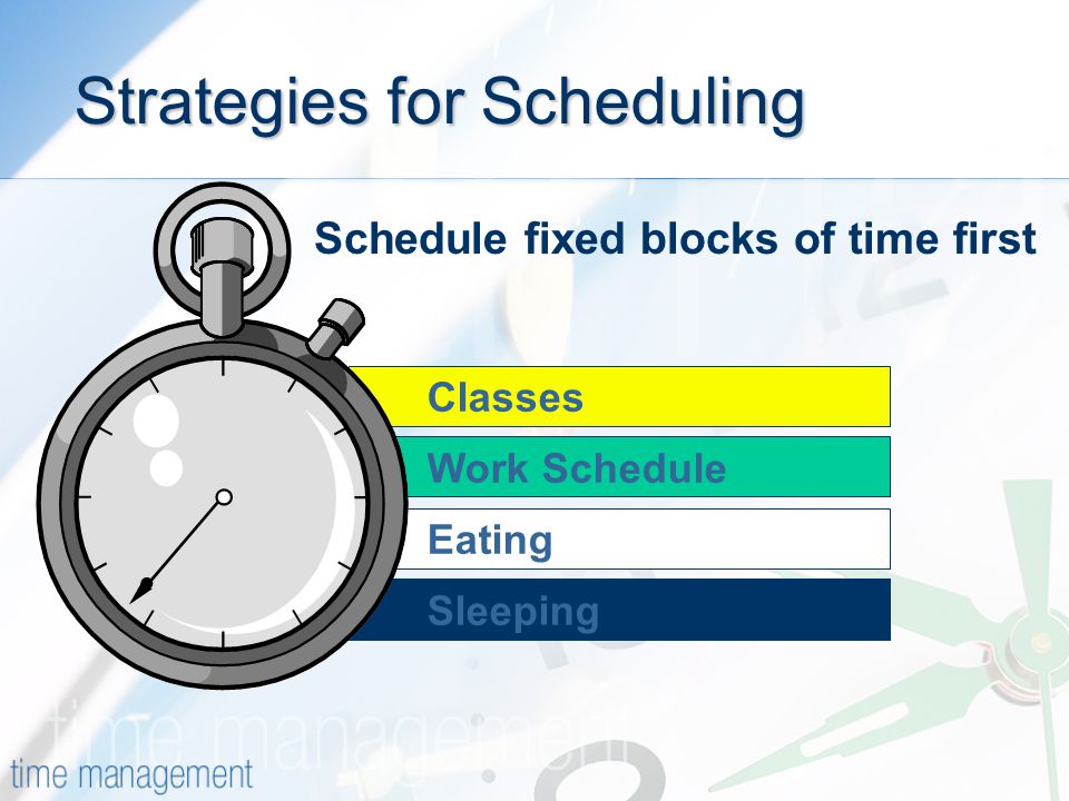 Classes Sleeping Eating Work Schedule Strategies for Scheduling Schedule fixed blocks of time first