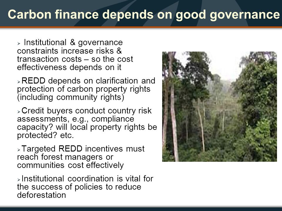 Carbon finance depends on good governance  Institutional & governance constraints increase risks & transaction costs – so the cost effectiveness depends on it  REDD depends on clarification and protection of carbon property rights (including community rights)  Credit buyers conduct country risk assessments, e.g., compliance capacity.