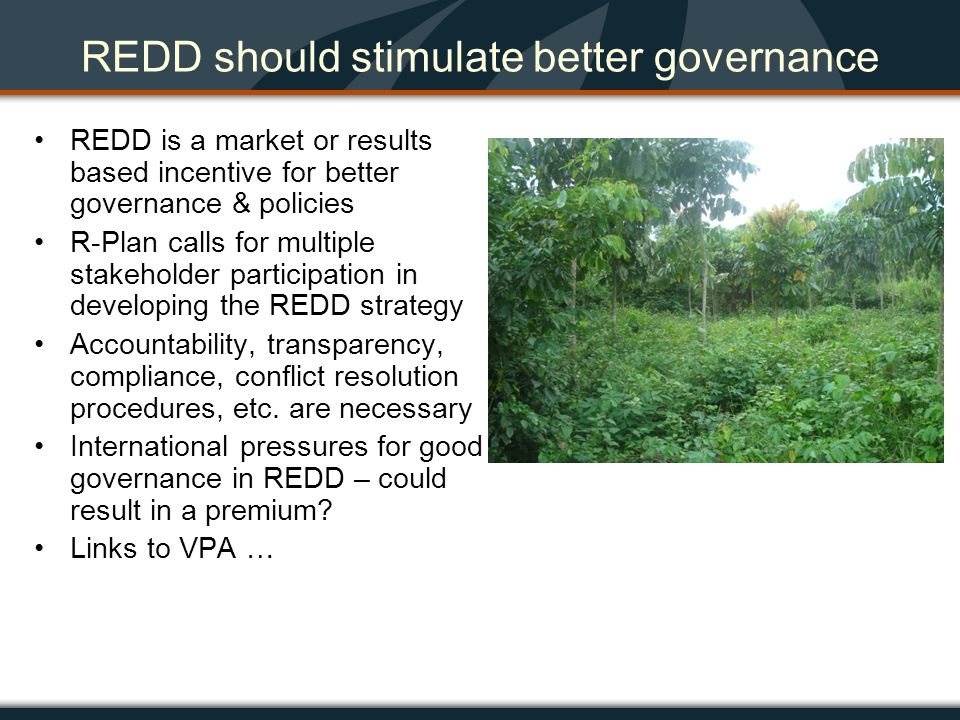 REDD should stimulate better governance REDD is a market or results based incentive for better governance & policies R-Plan calls for multiple stakeholder participation in developing the REDD strategy Accountability, transparency, compliance, conflict resolution procedures, etc.