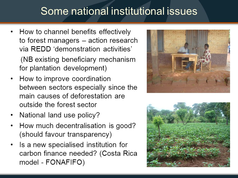 Some national institutional issues How to channel benefits effectively to forest managers – action research via REDD ‘demonstration activities’ (NB existing beneficiary mechanism for plantation development) How to improve coordination between sectors especially since the main causes of deforestation are outside the forest sector National land use policy.