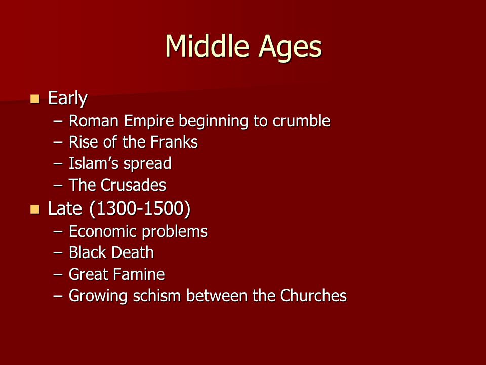 Middle Ages Early Early –Roman Empire beginning to crumble –Rise of the Franks –Islam’s spread –The Crusades Late ( ) Late ( ) –Economic problems –Black Death –Great Famine –Growing schism between the Churches