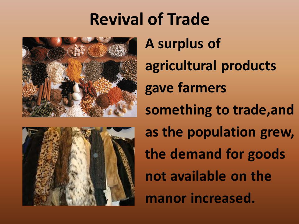 Revival of Trade A surplus of agricultural products gave farmers something to trade,and as the population grew, the demand for goods not available on the manor increased.