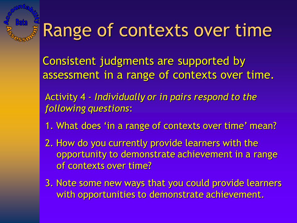 Range of contexts over time Consistent judgments are supported by assessment in a range of contexts over time.