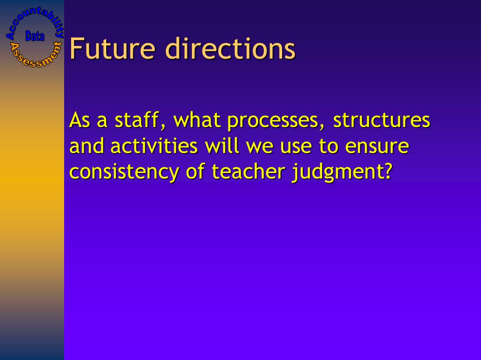 Future directions As a staff, what processes, structures and activities will we use to ensure consistency of teacher judgment