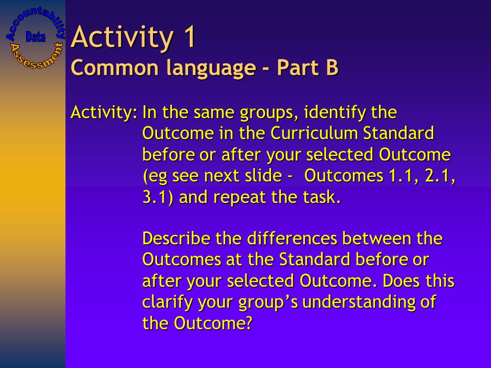 Activity:In the same groups, identify the Outcome in the Curriculum Standard before or after your selected Outcome (eg see next slide - Outcomes 1.1, 2.1, 3.1) and repeat the task.