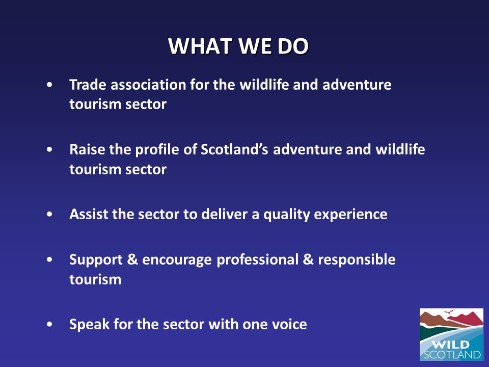 WHAT WE DO Trade association for the wildlife and adventure tourism sector Raise the profile of Scotland’s adventure and wildlife tourism sector Assist the sector to deliver a quality experience Support & encourage professional & responsible tourism Speak for the sector with one voice