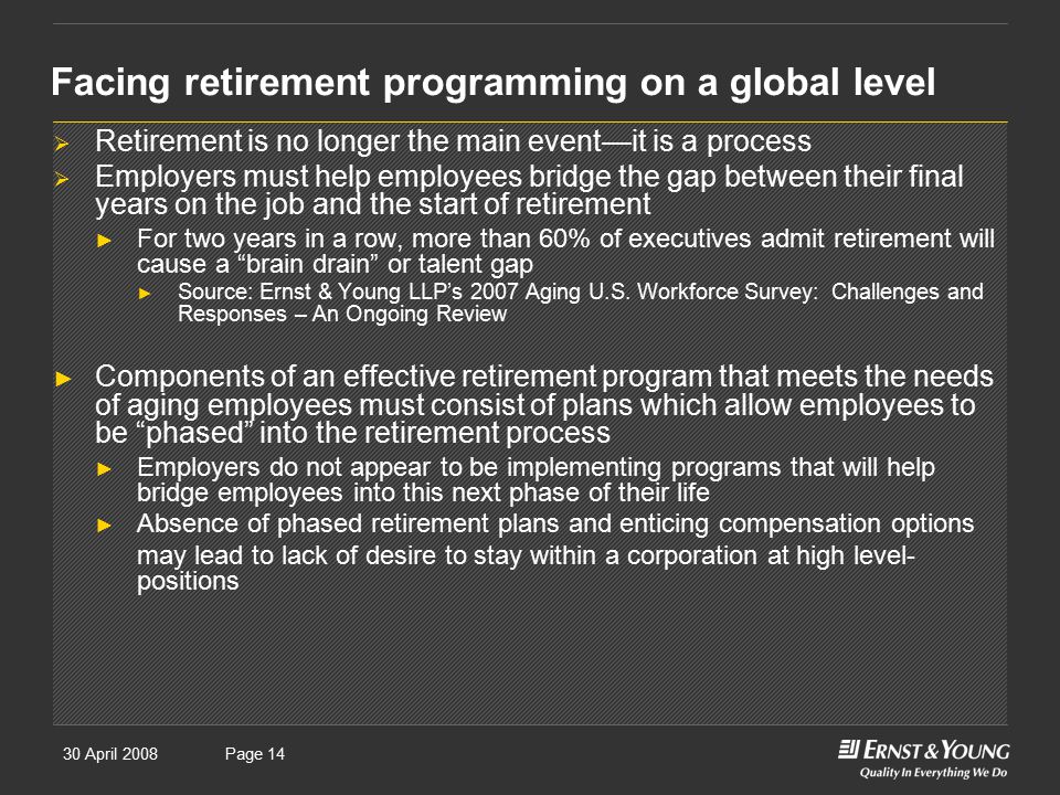 30 April 2008Presentation titlePage 14 Facing retirement programming on a global level  Retirement is no longer the main event—it is a process  Employers must help employees bridge the gap between their final years on the job and the start of retirement ► For two years in a row, more than 60% of executives admit retirement will cause a brain drain or talent gap ► Source: Ernst & Young LLP’s 2007 Aging U.S.