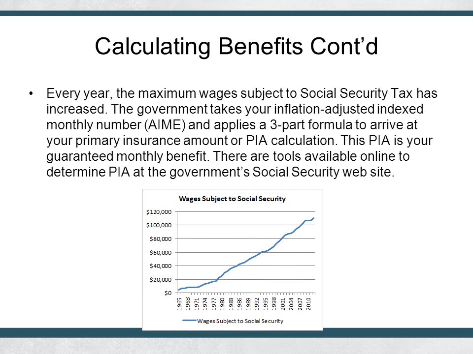 Calculating Benefits Cont’d Every year, the maximum wages subject to Social Security Tax has increased.