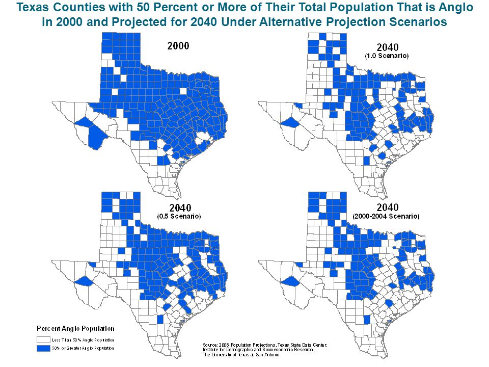 Texas Counties with 50 Percent or More of Their Total Population That is Anglo in 2000 and Projected for 2040 Under Alternative Projection Scenarios