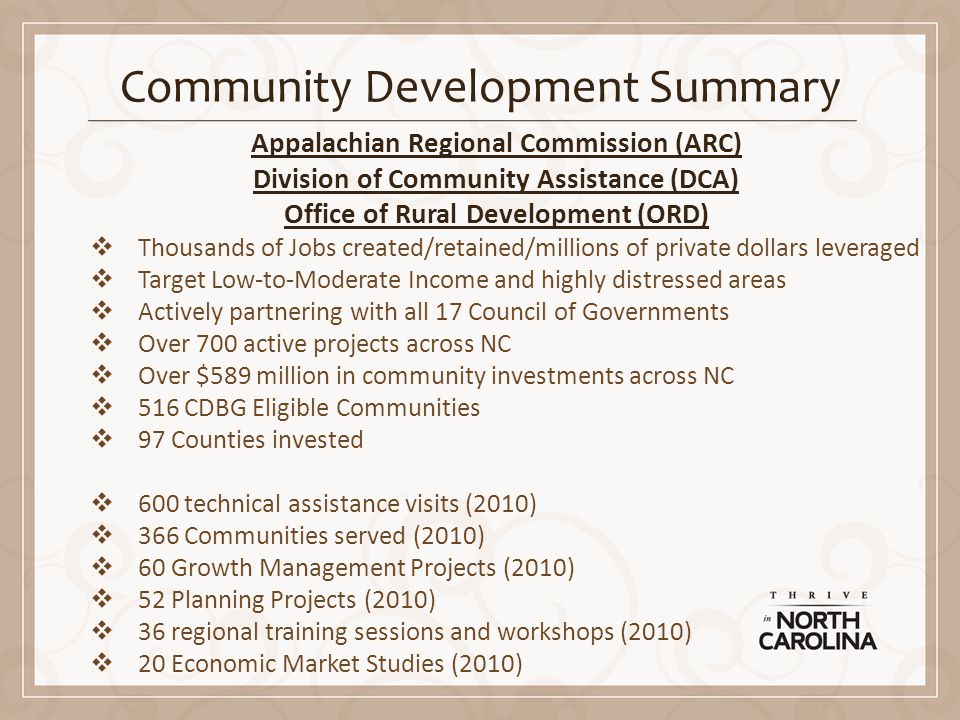 Community Development Summary Appalachian Regional Commission (ARC) Division of Community Assistance (DCA) Office of Rural Development (ORD)  Thousands of Jobs created/retained/millions of private dollars leveraged  Target Low-to-Moderate Income and highly distressed areas  Actively partnering with all 17 Council of Governments  Over 700 active projects across NC  Over $589 million in community investments across NC  516 CDBG Eligible Communities  97 Counties invested  600 technical assistance visits (2010)  366 Communities served (2010)  60 Growth Management Projects (2010)  52 Planning Projects (2010)  36 regional training sessions and workshops (2010)  20 Economic Market Studies (2010)