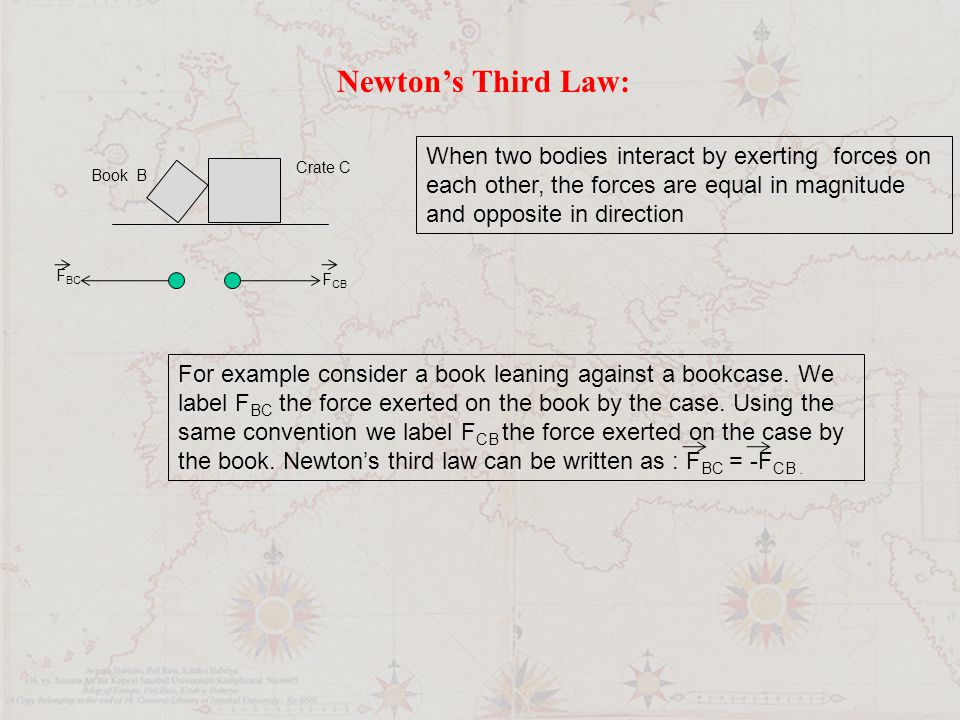 Newton’s Third Law: When two bodies interact by exerting forces on each other, the forces are equal in magnitude and opposite in direction For example consider a book leaning against a bookcase.