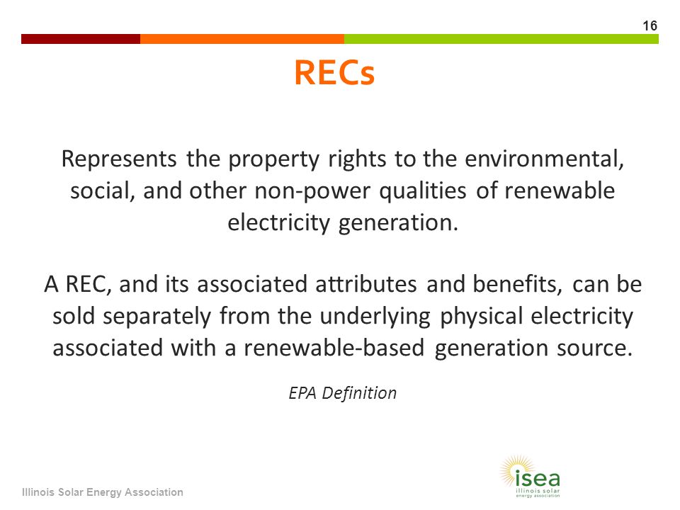 RECs Represents the property rights to the environmental, social, and other non-power qualities of renewable electricity generation.
